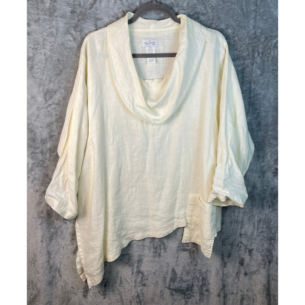 Mosaic Tunic Top Womens L Cream Cowl Neck Linen Pocket‎ Asymmetrical Lagenlook